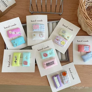 Mùa Xuân Mùa Hè Phong Cách Mới Gối Trẻ Em Thêu Tay bb Kẹp Hoạt Hình Ngọt Ngào Dễ Thương Kẻ Sọc Nút Kẹp Tóc Phụ Kiện Tóc Mũ Đội Đầu URO6