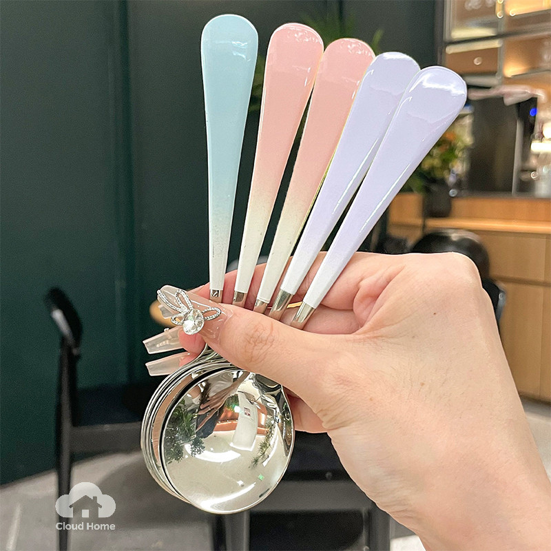 Muỗng thép không gỉ chuyển màu, muỗng ăn gia đình, muỗng tròn dành cho học sinh, muỗng súp cao cấp dành cho người lớn.
