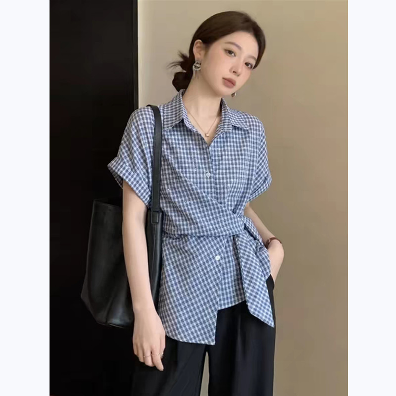 SUXI Áo sơ mi nữ kẻ sọc ngắn tay phong cách Pháp nhẹ nhàng cho mùa hè 260427