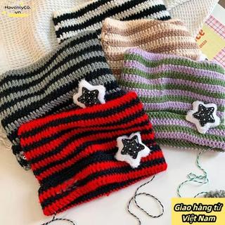 <![Vận chuyển nhanh] Mũ Beanie Havenlyco với họa tiết ác quỷ và ngôi sao, thiết kế sọc Y2K dễ thương, móc hình mèo cho mùa thu đông