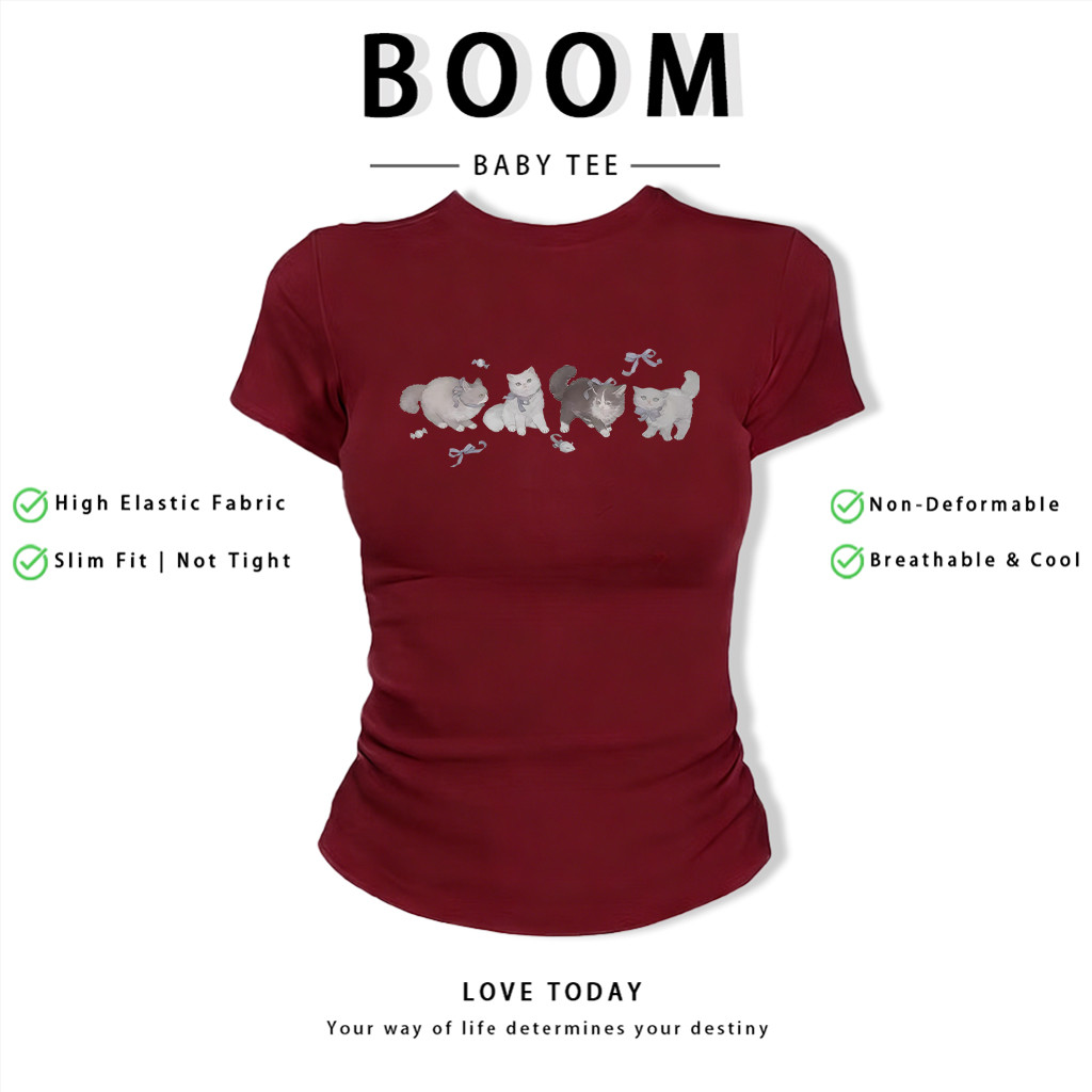 BOOM Áo Baby Tee Nữ Cotton Ôm Body-Áo Thun Ngắn Tay Y2K In Hình PhongCách Mùa Hè, Cổ Tròn Hàng Đầucách hàn quốc phongR66