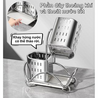 Thép không gỉ 304 Đũa Muỗng Giá Đỡ Ống Kép Khay Thoát Nước Chống Rỉ Nhà Bếp Tổ Chức