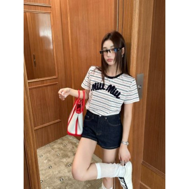 Áo thun Cotton sọc cổ tròn ngắn tay mới dành cho nữ