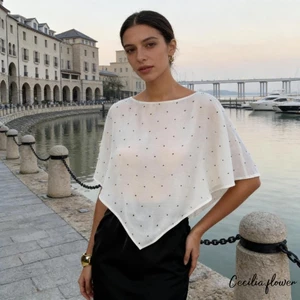 Áo Poncho Nữ Bất Đối Xứng, Tay Ngắn, Cổ Tròn