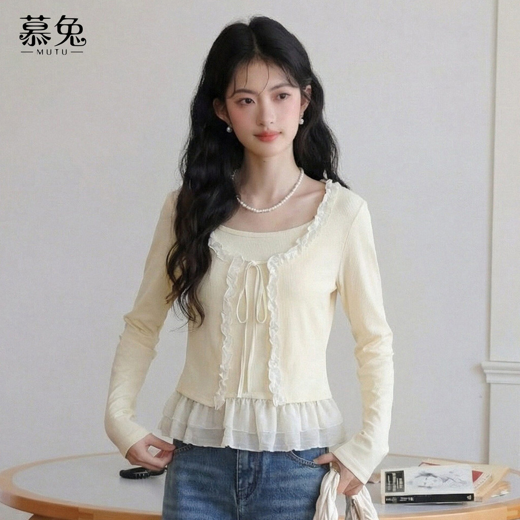 Mutu Phong Cách Nhẹ Nhàng Khâu Giả Hai Mảnh Áo Thun Dài Tay Nữ 2026 Mùa Xuân Phong Cách Mới Thiết Kế Niche Loose Top
