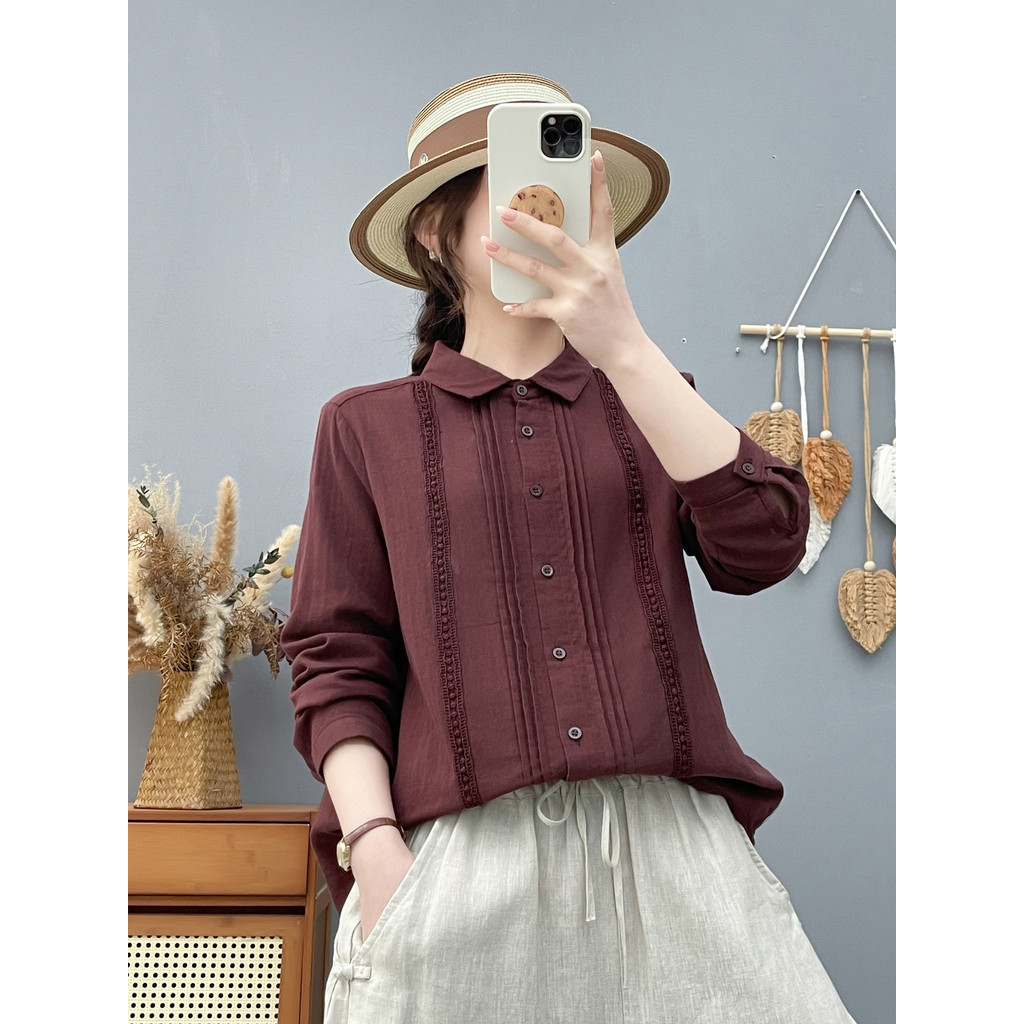Áo sơ mi nữ ren lưới tay dài xếp ly dáng rộng xuân hè mới