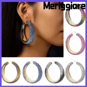 MERIGGIARE Bông tai vòng lớn, Phụ kiện trang sức Bông tai pha lê độc đáo, Trang sức sáng bóng phóng đại hình học thời trang dành cho nữ Cô gái