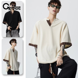 Áo thun nam GKSSS tay ngắn cổ điển Nhật Bản giả hai mảnh cổ chữ V chất lượng cao