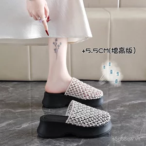 Mùa hè Phong Cách Mới Full-Hollow Lưới Lớn Thoáng Khí Baotou NửaDrag Đế Dày HeSlippers Dép Nữ