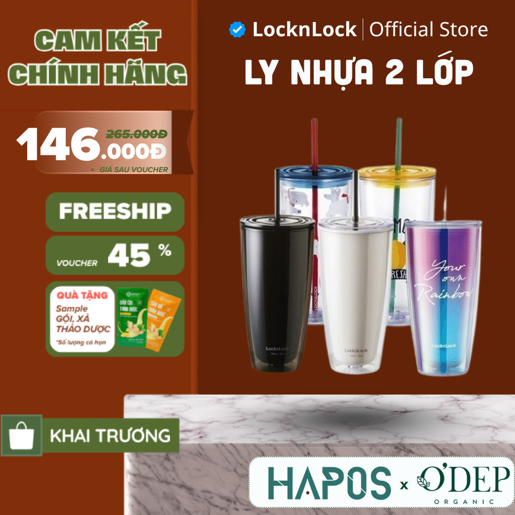 Ly nhựa 2 lớp LocknLock 750ml Chính hãng, kèm ống hút HAP507 cách nhiệt ...