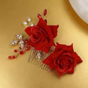 WHX-Đầm Mũ Đỏ Flannel Hoa Hồng Lược Tóc Phong Cách Trung Hoa Xiuhe Đám Cưới Cuộn Tóc Nữ