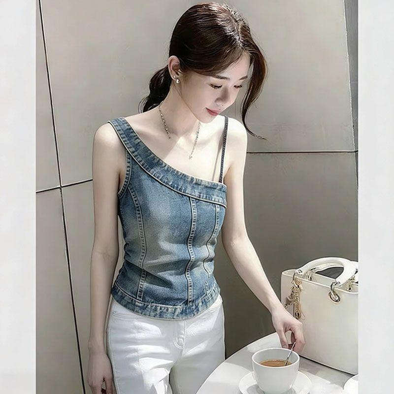 [Giảm giá 50%] Phiên bản Hàn Quốc Thời Trang Sang Trọng Đeo Vai Denim Không Tay Áo Nữ Mùa Hè Phong Cách Mới Đơn Giản Đi Lại Áo Vest Bất Đối Xứng Hot Girl