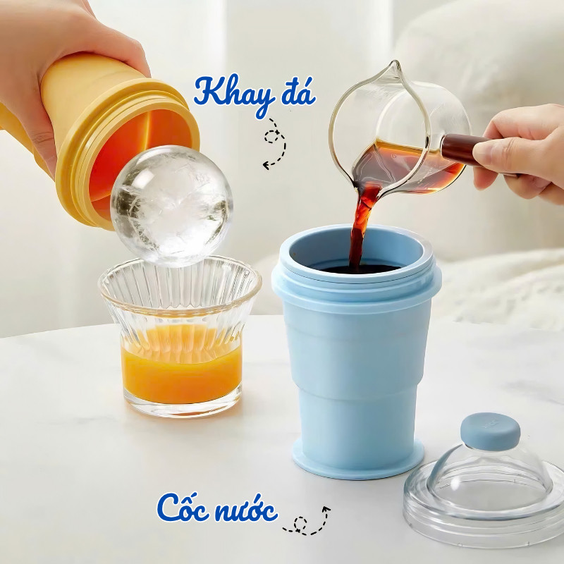 Cốc Nước Làm Đá Gấp Gọn 2 Trong 1 Kèm Ống Hút – Ly Uống Nước Du Lịch Có Nắp Kết Hợp Khay Làm Đá Tiện Lợi GREEN