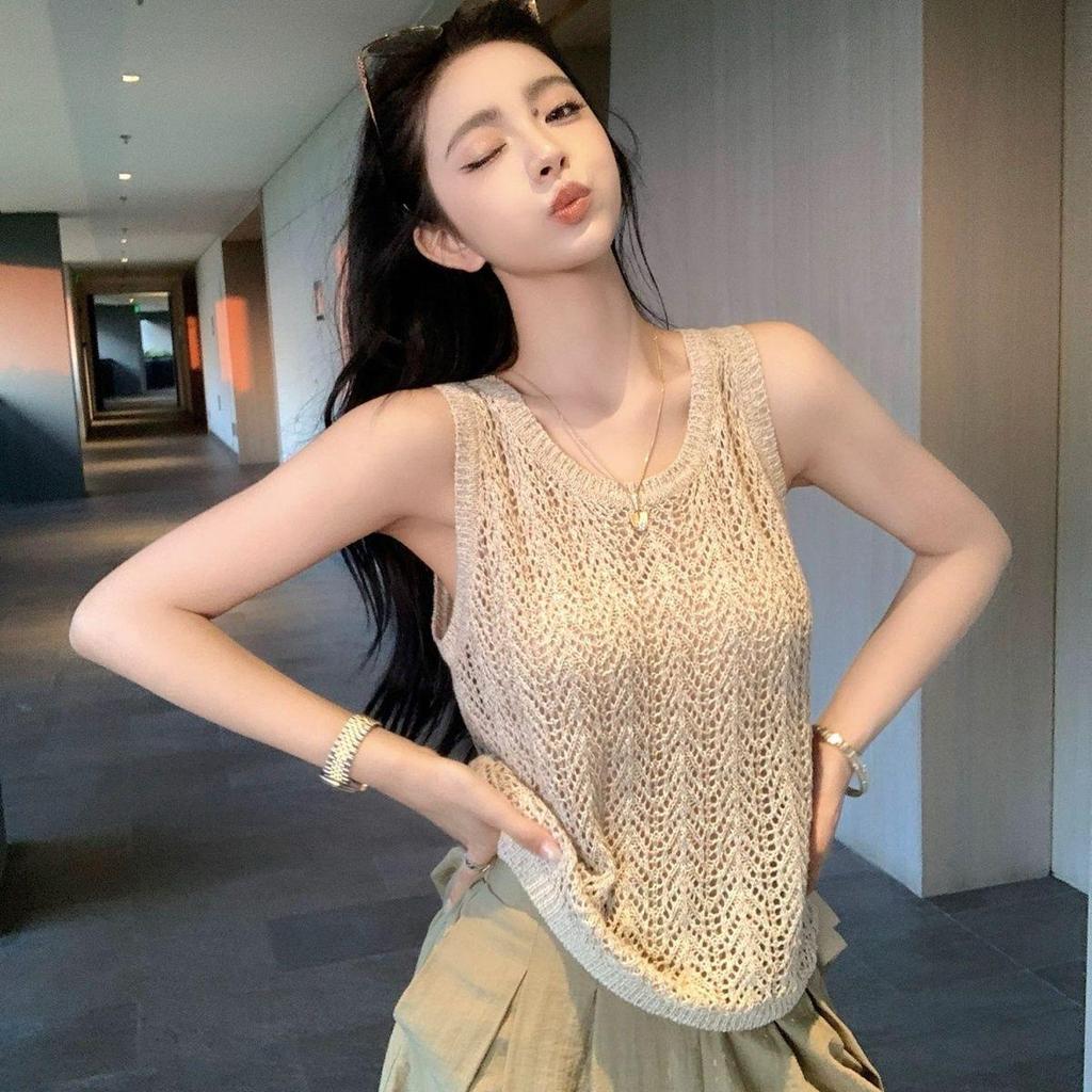[Giảm giá trong thời gian có hạn] Áo Vest dệt kim rỗng không tay, Thiết kế lưới thoáng khí, Trà sữa mơ dáng rộng, Phong cách cô gái phong cách mới mùa hè 2026