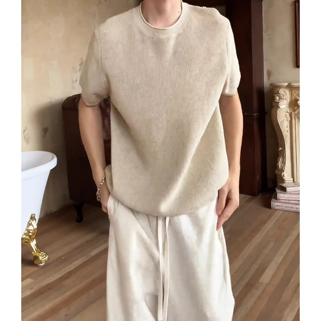 Phong Cách Tiền Cũ Vải Lanh Dệt Kim Tay Ngắn Nam Mùa Hè Mỏng Phong Cách Thoáng Khí Lười Top Kaki Cotton Vải Lanh Áo Thun PTKS