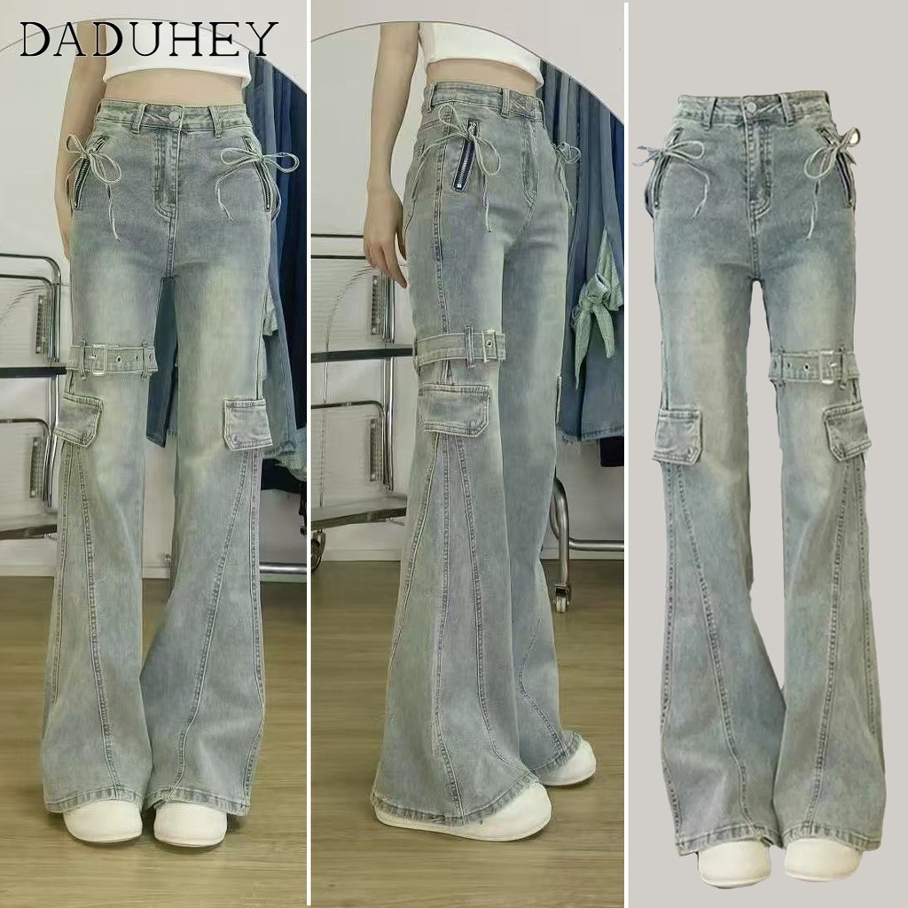 DaDuHey American Retro Flared Jeans Women High Waist Slim-fit Bow Design Stretch Boot Pants