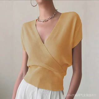 [Giảm giá trong thời gian có hạn] Quần áo nữ cỡ lớn phong cách sang trọng, cổ chữ V, dệt kim ngắn tay dáng rộng, phù hợp mùa hè