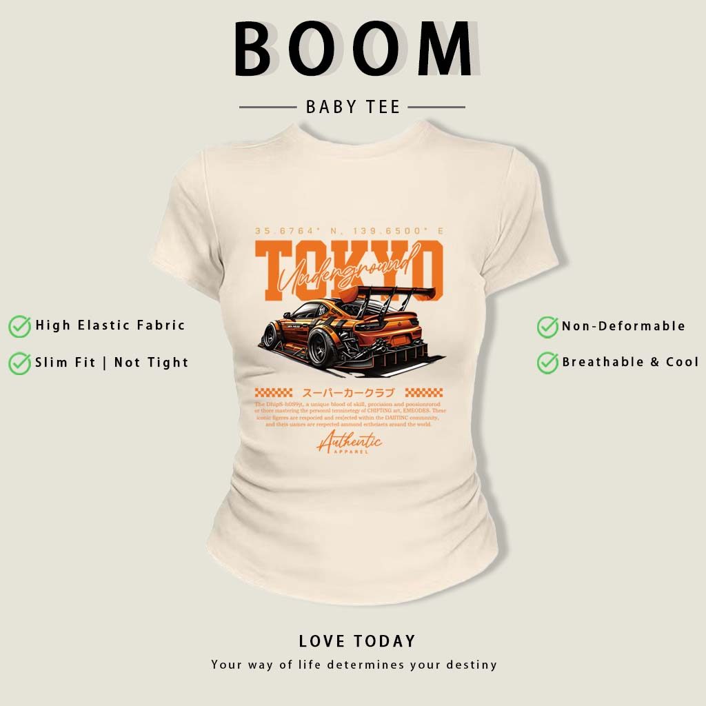 BOOM Áo Baby Tee Nữ Cotton Ôm Body-Áo Thun Ngắn Tay Y2K In Hình PhongCách Mùa Hè, Cổ Tròn Hàng Đầucách hàn quốc phongE34