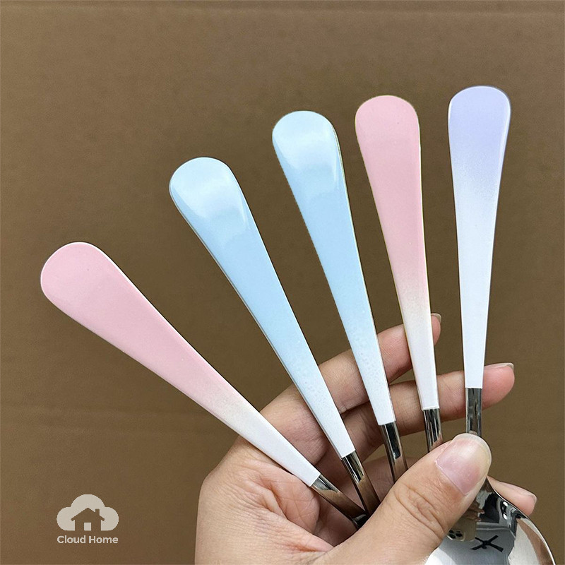 Muỗng thép không gỉ chuyển màu, muỗng ăn gia đình, muỗng tròn dành cho học sinh, muỗng súp cao cấp dành cho người lớn.