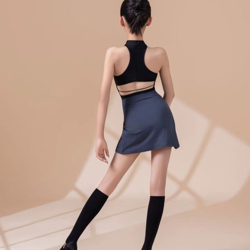 💕Chỗ💕 Chân Váy Khiêu Vũ Latin Tiêu Chuẩn Cuộc Thi Trang Phục Cô gái Cổ Cao Dây Buộc Váy Quấn Vai