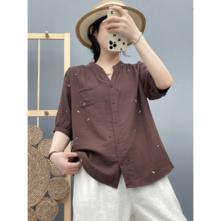 Áo sơ mi nữ cotton cao cấp mùa hè, thiết kế cổ chữ V thêu và tay ngắn