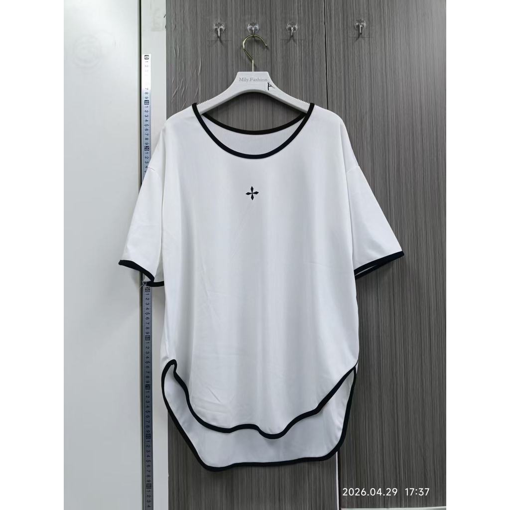 Milyfashion Tay Ngắn T Arc Hem Rời Thời Trang Đơn Giản Kích Thước Lớn Phù Hợp Với Màu Sắc Tương Phản In Chữ Thập