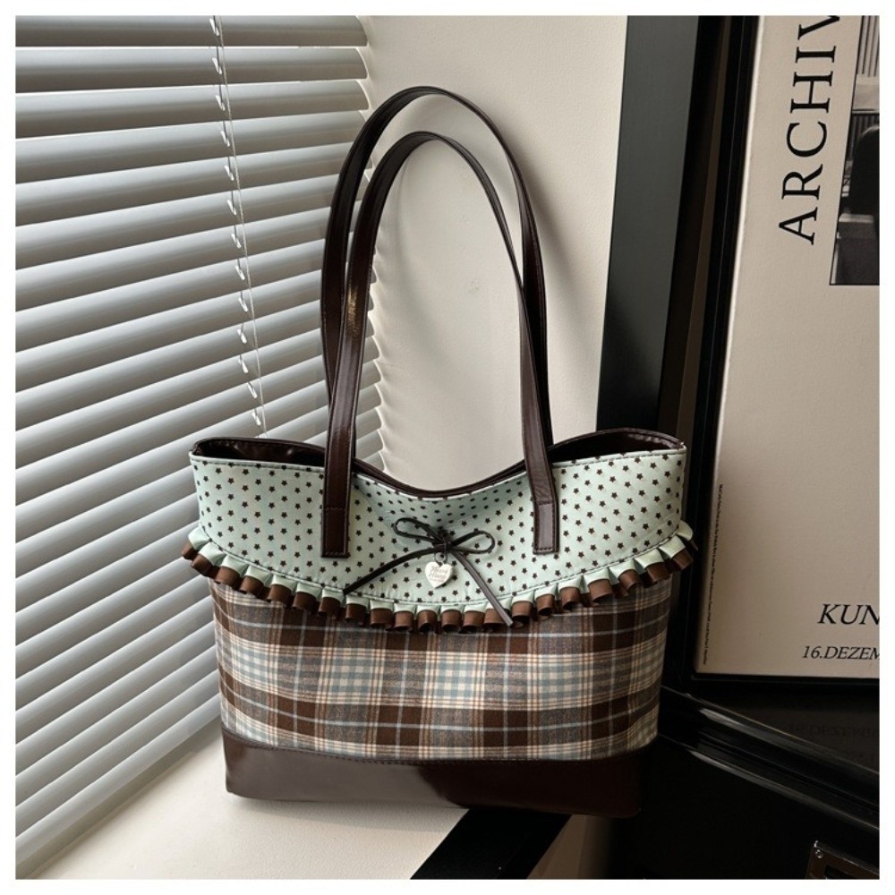 Túi tote to vải Canvas kẻ sọc ren, chắp vá chấm bi dung tích lớn, xanh lá cây cổ điển, đeo nách