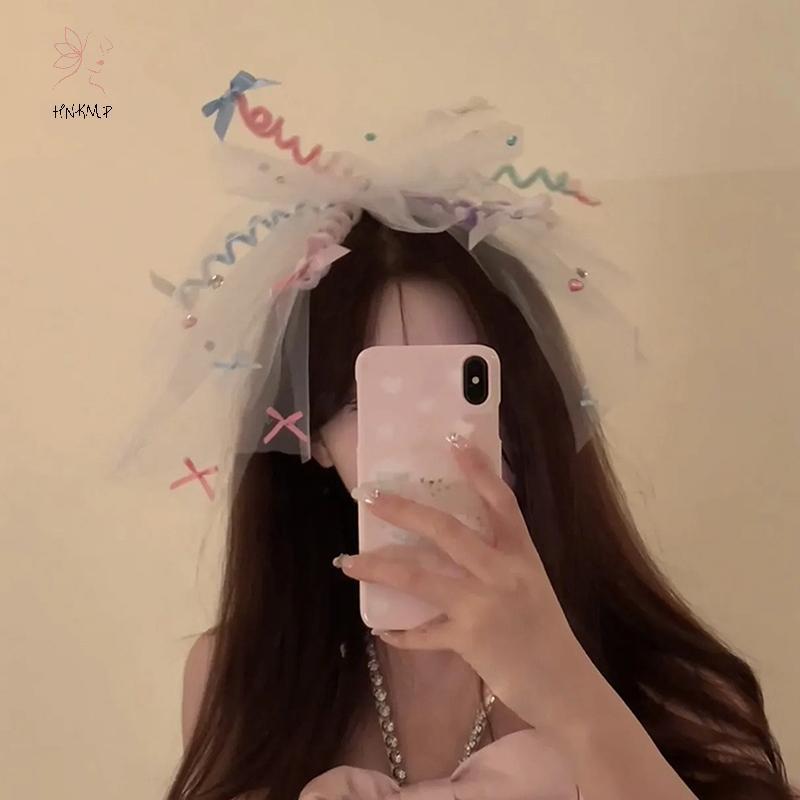HNKMP Dễ Thương Vui Nhộn Phóng Đại Viền Nơ Kim Cương Giả Xoắn Sti Lưới Trắng Veil Mùa Xuân Kẹp Cho Bé Gái Tiệc Halloween Phụ Kiện Tóc.
