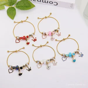 Pan Phong Cách Kim Cương Đính Kim Cương Hình Trái Tim Vòng Tay Nữ Vòng Tay Thời Trang Vương Miện Mặt Dây Chuyền Vẽ Dây Kéo Dây Thép Không Gỉ