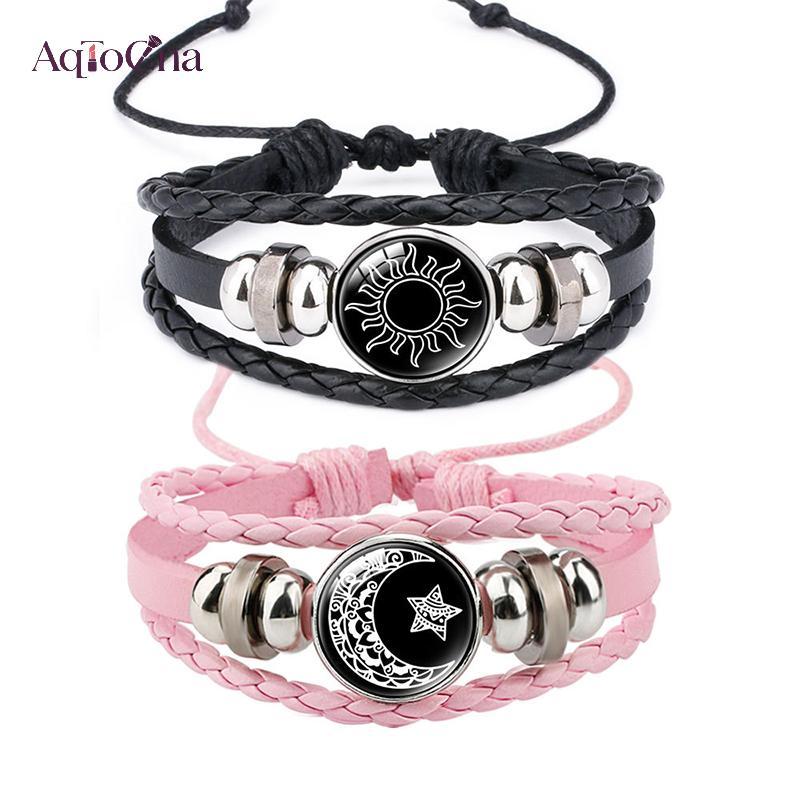 AqToCna Đơn Giản Dạ Quang Mặt Trời Mặt Trăng Da Handmade Dệt Cặp Đôi Vòng Tay Trang Sức Nam Nữ Dành Cho Người Yêu Lễ Hội Quà Tặng AqToCna