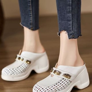Giày Cao Gót Nữ Mũi Vuông Dày Gót Slip-On Rỗng