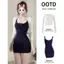 Màu xanh hải quân Sweet Hot Girl Bộ đồ nữ xinh đẹp Mùa hè Mông Sling Filigree Eo Váy ngắn chữ A Du lịch Váy nhỏ Phong cách Cardigan