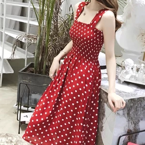 Phụ Nữ Mùa Hè Không Tay Chấm Đầm Gợi Cảm Lưng Chữ A Spaghetti Dây Đeo Bãi Biển Phong Cách Váy Camisole Off-Soul Vai Gấp Vestidos