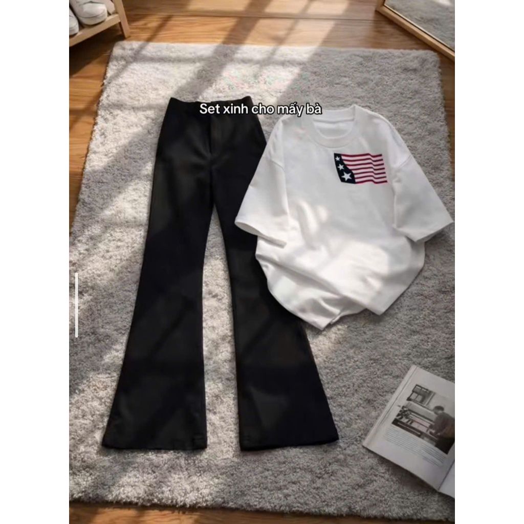 [ MỞ BÁN  ] Bộ quần ống loe dài + và áo phông unisex lá cờ mỹ phongn cách ullzang -thoitrang