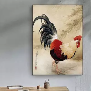 Tranh mực gà trống phong cách Trung Quốc mới, Nghệ thuật treo tường vải chống thấm nước không khung, Trang trí bình minh con gà trống vàng cho lối vào Hành lang lối vào Lối vào Lối vào Tường nền học tập