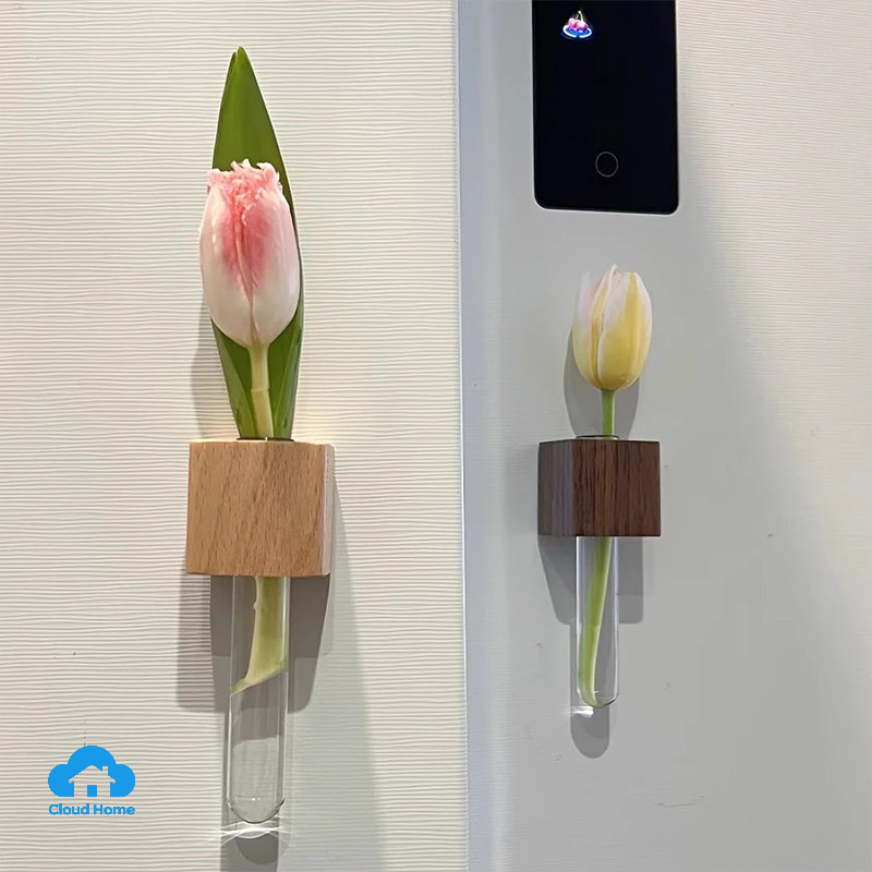 🌤️🌤️Tủ lạnh bằng gỗ thanh lịch Bình ống nghiệm từ tính/ Trang trí nam châm tủ lạnh bình hoa/ Sắp xếp hoa thủy canh DIY