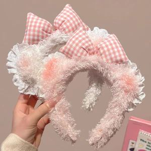 Hồng Ngọt Ngào Trái Tim Blush Gấu Tai Nơ Ren Rửa Đầu Nữ Trang Điểm Tóc Dễ Thương Sang Trọng Mũ nón