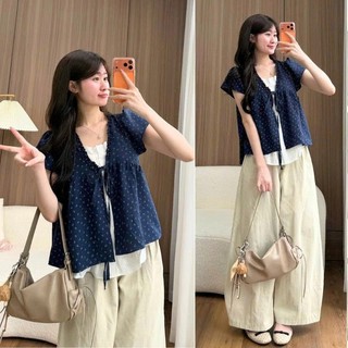 Áo Babydoll Viền Bèo Cộc Tay Hoa Nhí Nơ Ngực Phối Ren Boi Trắng Thời Trang Nữ