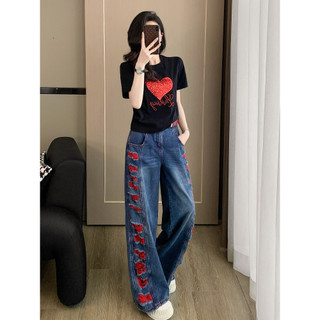 Bộ trang phục mùa hè thời thượng dành cho nữ, áo thun nữ tay ngắn kết hợp với quần jean trẻ trung