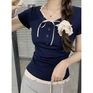 Áo croptop, áo babytee cộc tay phối bèo buộc dây cổ tròn mặc hè dành cho nữ. MẪU MỚI