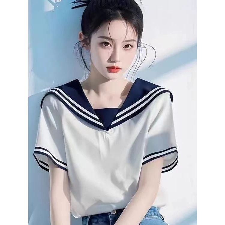 Mùa Xuân - Hè Áo Sơ Mi Trắng Style Thủy Thủ 100% Cotton, Cổ Rời, Tay Ngắn