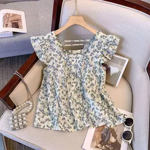 Áo sơ mi tay bay xù kiểu Hàn Quốc, cardigan cổ vuông không tay, hoa ngắn, phù hợp mùa hè
