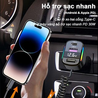 Bộ sạc ô tô Cáp có thể thu vào 3 trong 1 Sạc nhanh PD30W USB Type C Màn hình điện áp LED