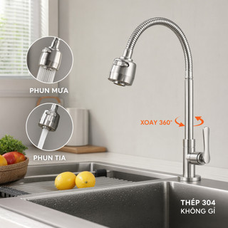 Vòi bếp bằng thép không gỉ 304 Xoay 360 độ Chế độ kép Bồn rửa nước lạnh Vòi bền