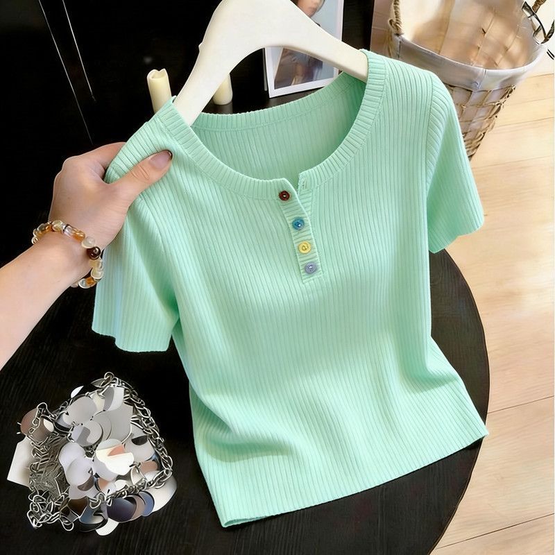 Áo Len Ngắn Tay Có Nút Màu Sắc Đa Dạng, Thiết Kế Slim-Fit, Phong Cách Thanh Lịch Cho Nữ