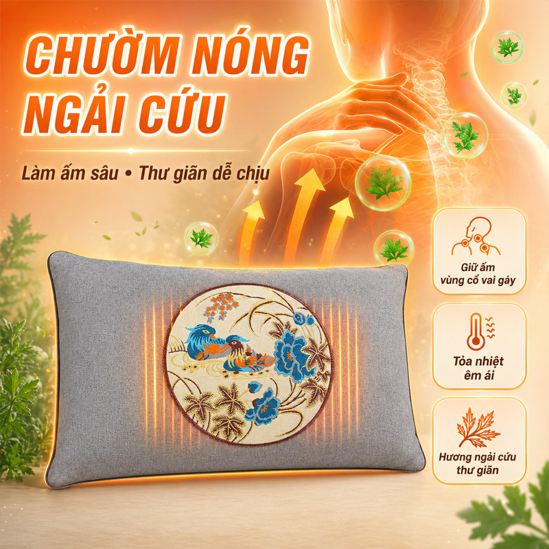 Gối Ngải Cứu Sưởi Điện Chính Hãng - Giảm Đau Cổ Vai Gáy, Thảo Dược Đông Y, Hỗ Trợ Ngủ Ngon & Tuần Hoàn Máu