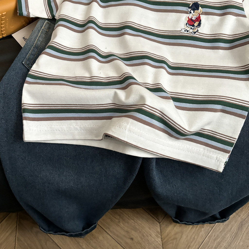 Thêu Retro Áo Thun Sọc Màu Tương Phản Ngắn Tay Top Trẻ Em Phong Cách Thời Trang 80-170 Size ZOUP