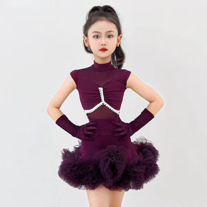 ✧❀✧ Chân Váy Khiêu Vũ Latin Tiêu Chuẩn Cuộc Thi Cô Gái Trang Phục Váy Cổ Cao Lưới Nối Vải Phồng