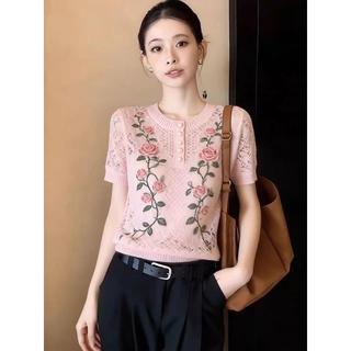 Dệt Kim Tay Ngắn Nữ Mùa Hè Cổ Tròn Đơn Giản Mỏng Hơn Nhìn Băng Lụa Áo Thun