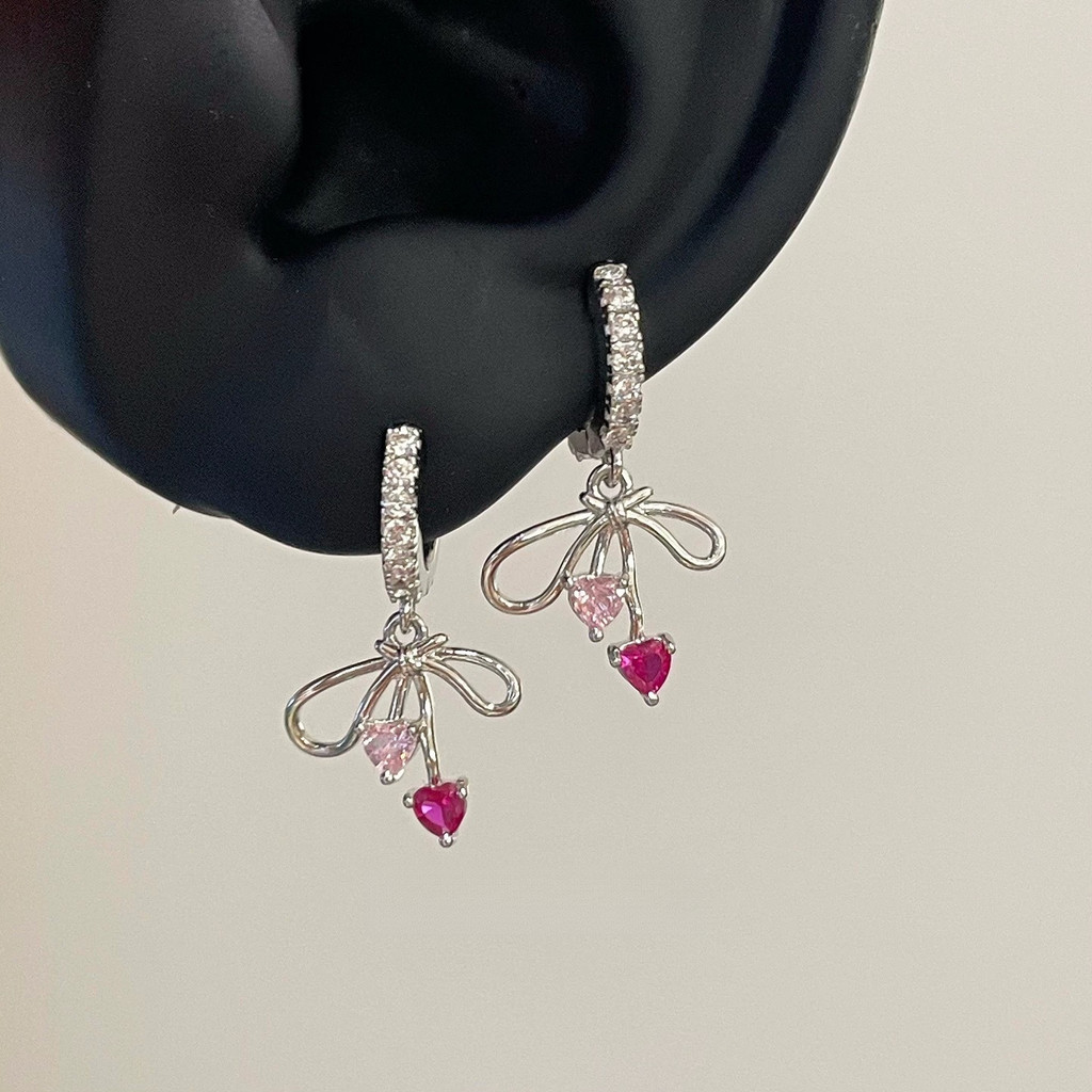 Thời trang khí chất nơ tình yêu zircon tinh tế đầy đủ kim cương cá tính bông tai nữ đa năng